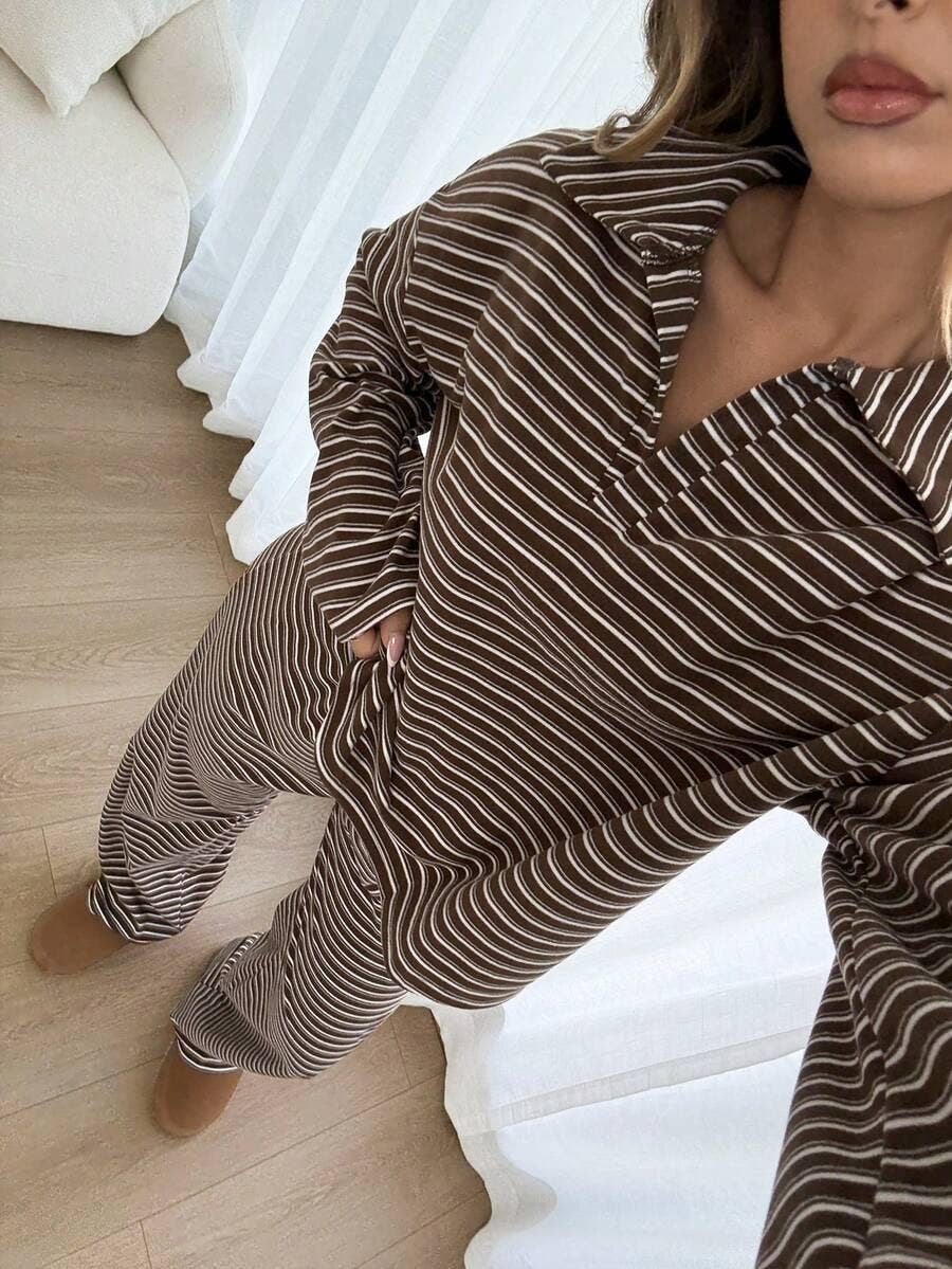 Striped Lounge Set Casual Collared Pullover Wide Leg Pants