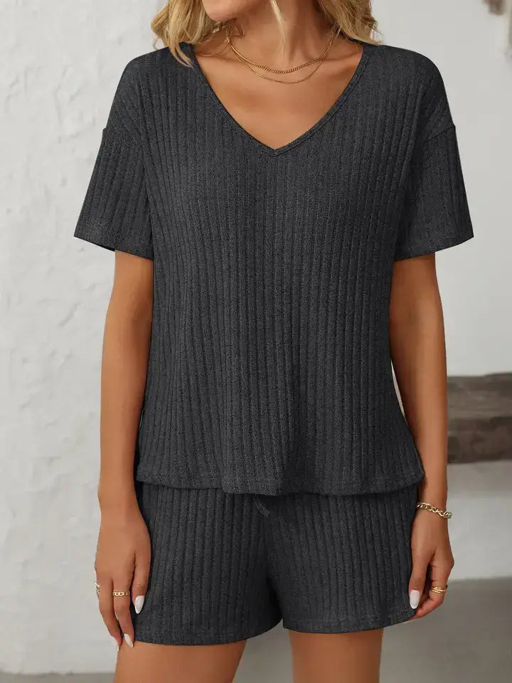 Ribbed V Neck Short Sleeve Lounge Set with Drawstring Shorts