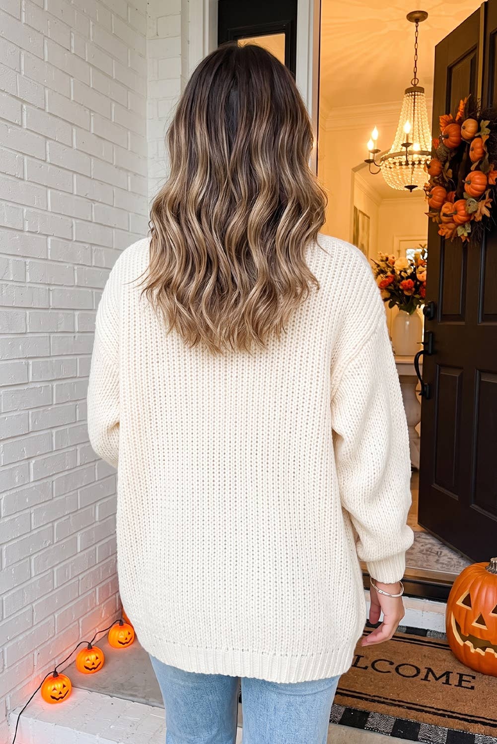 LAS Fall Pumpkin Christmas Tree Open Front Cardigan (S-XL)