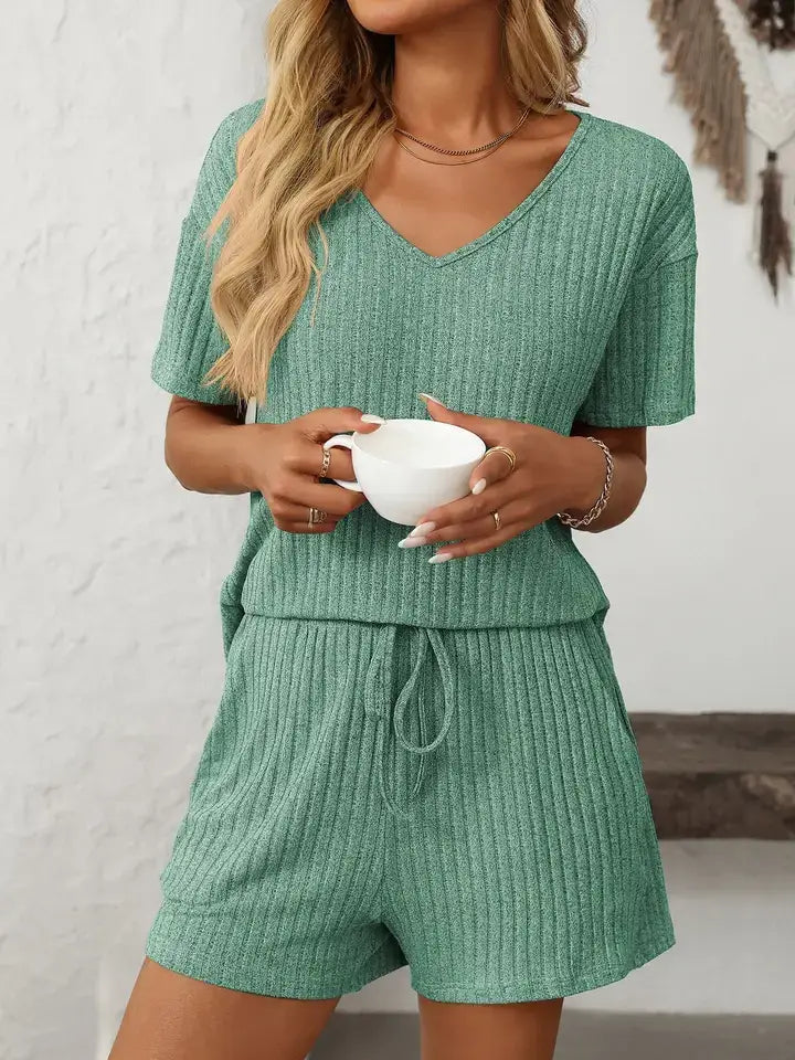 Ribbed V Neck Short Sleeve Lounge Set with Drawstring Shorts