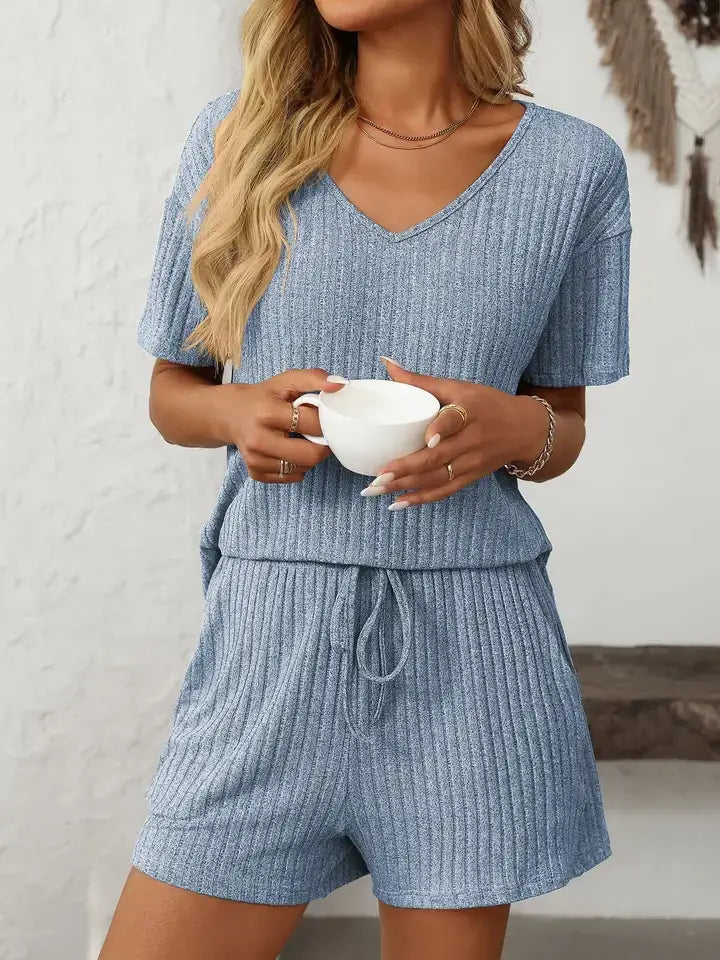 Ribbed V Neck Short Sleeve Lounge Set with Drawstring Shorts