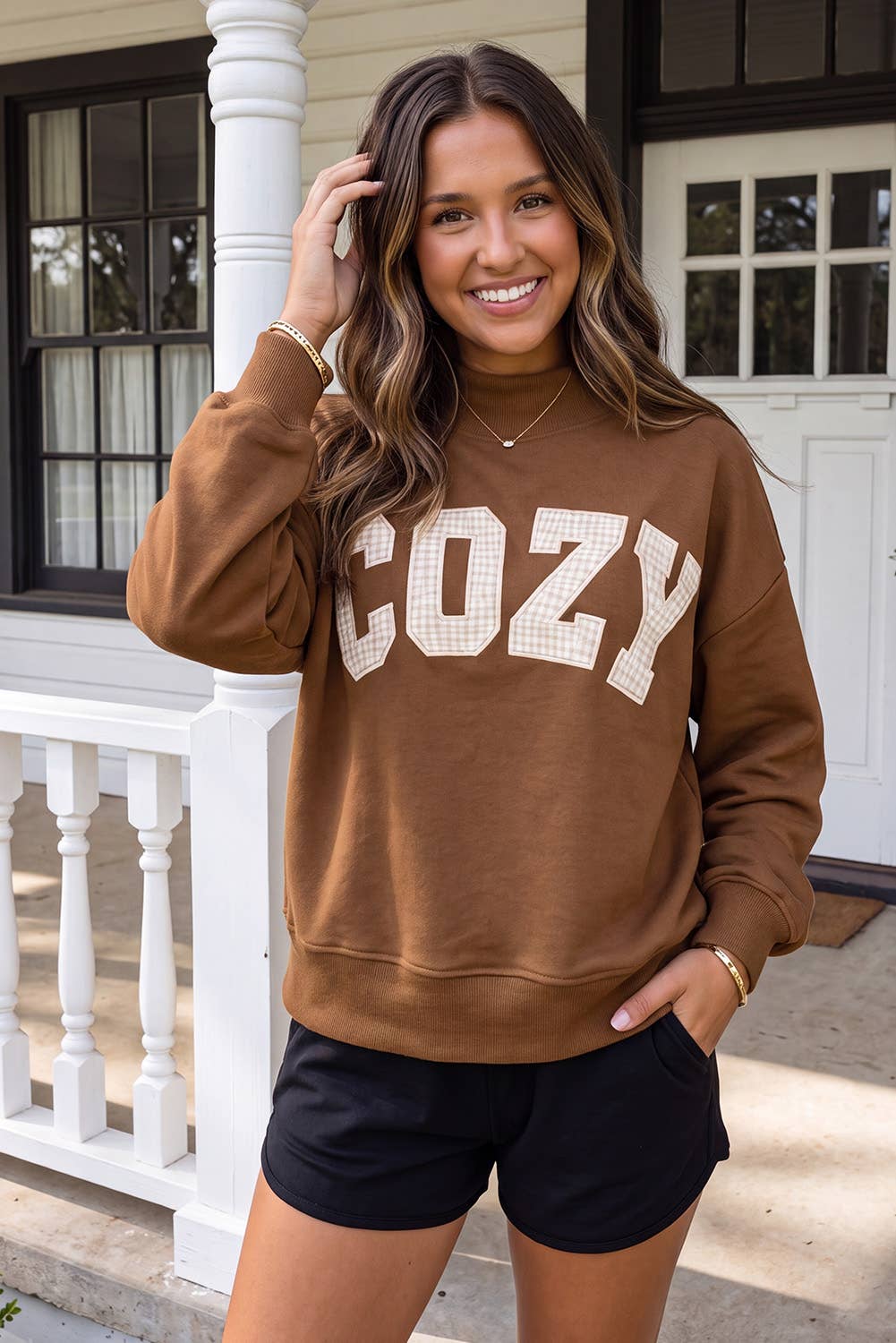 LAS Cozy Plaid Letter Patchwork Mock Neck Sweatshirt (S-XL)