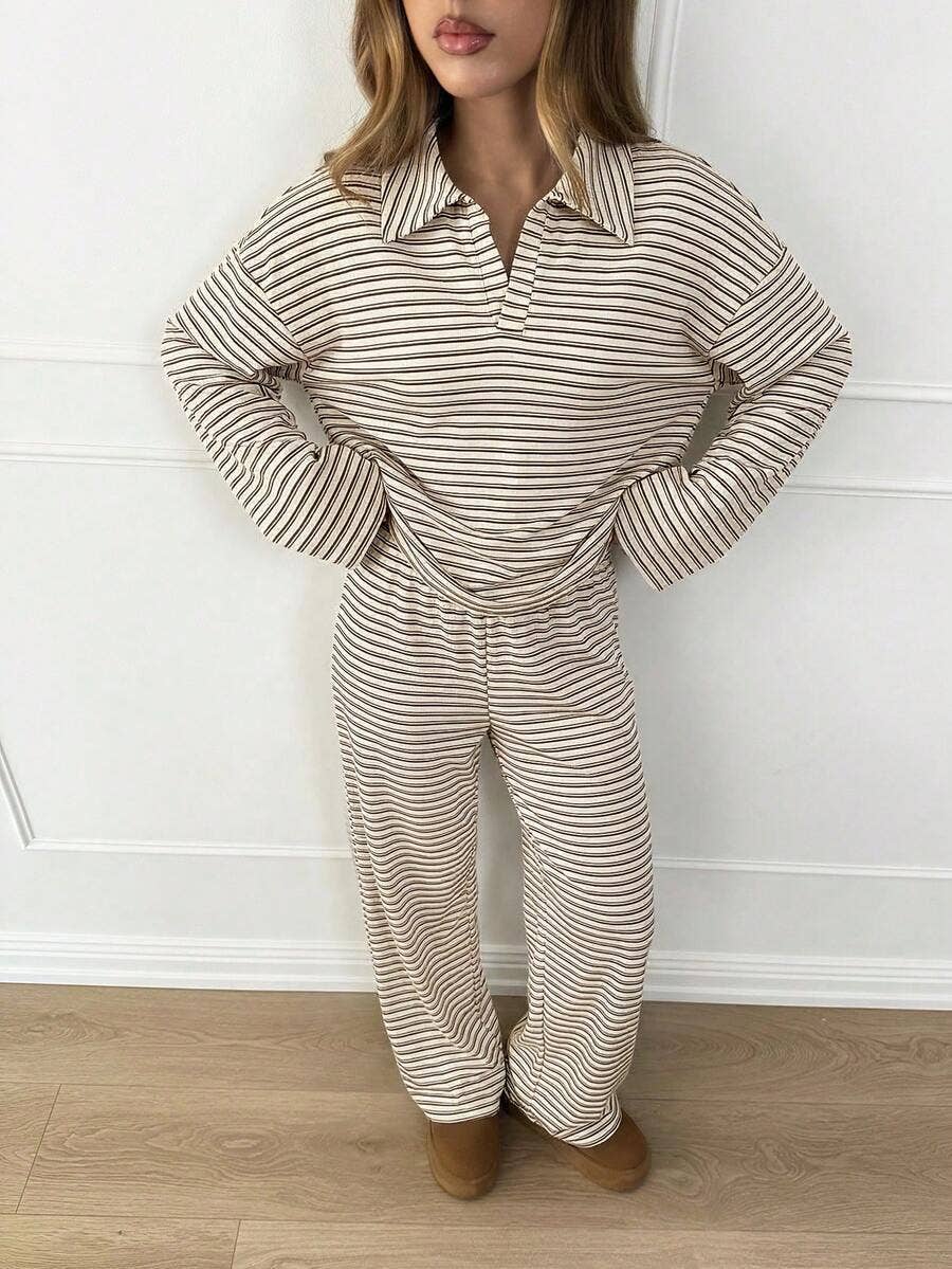 Striped Lounge Set Casual Collared Pullover Wide Leg Pants