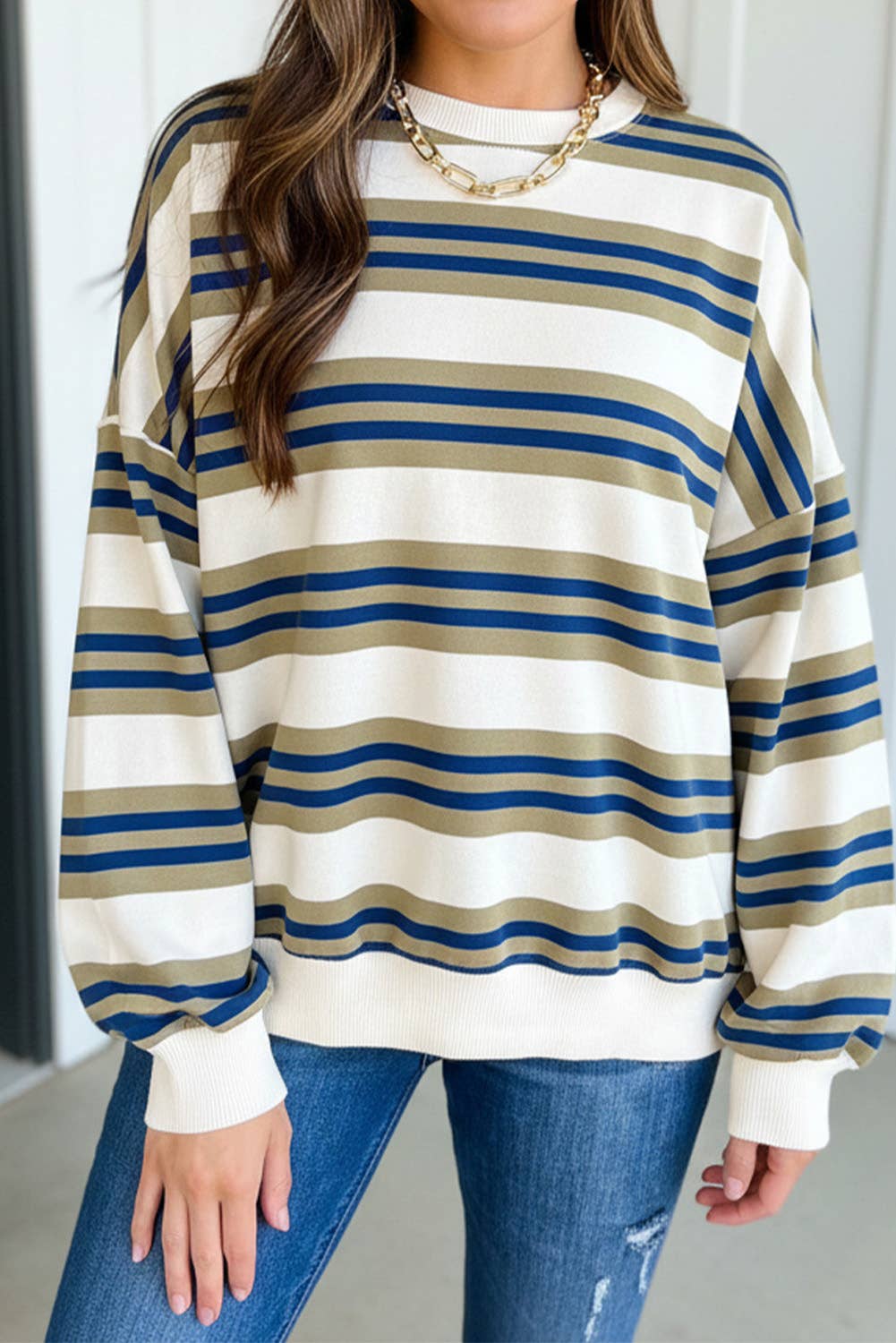 Stripe Crew Neck Drop Shoulder Pullover Top
