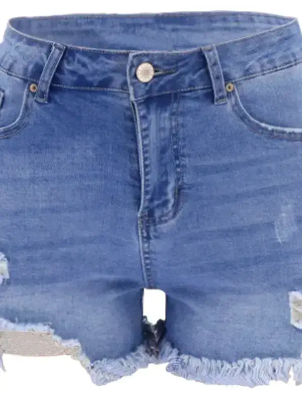 High Waist Distressed Denim Shorts with Frayed Hem