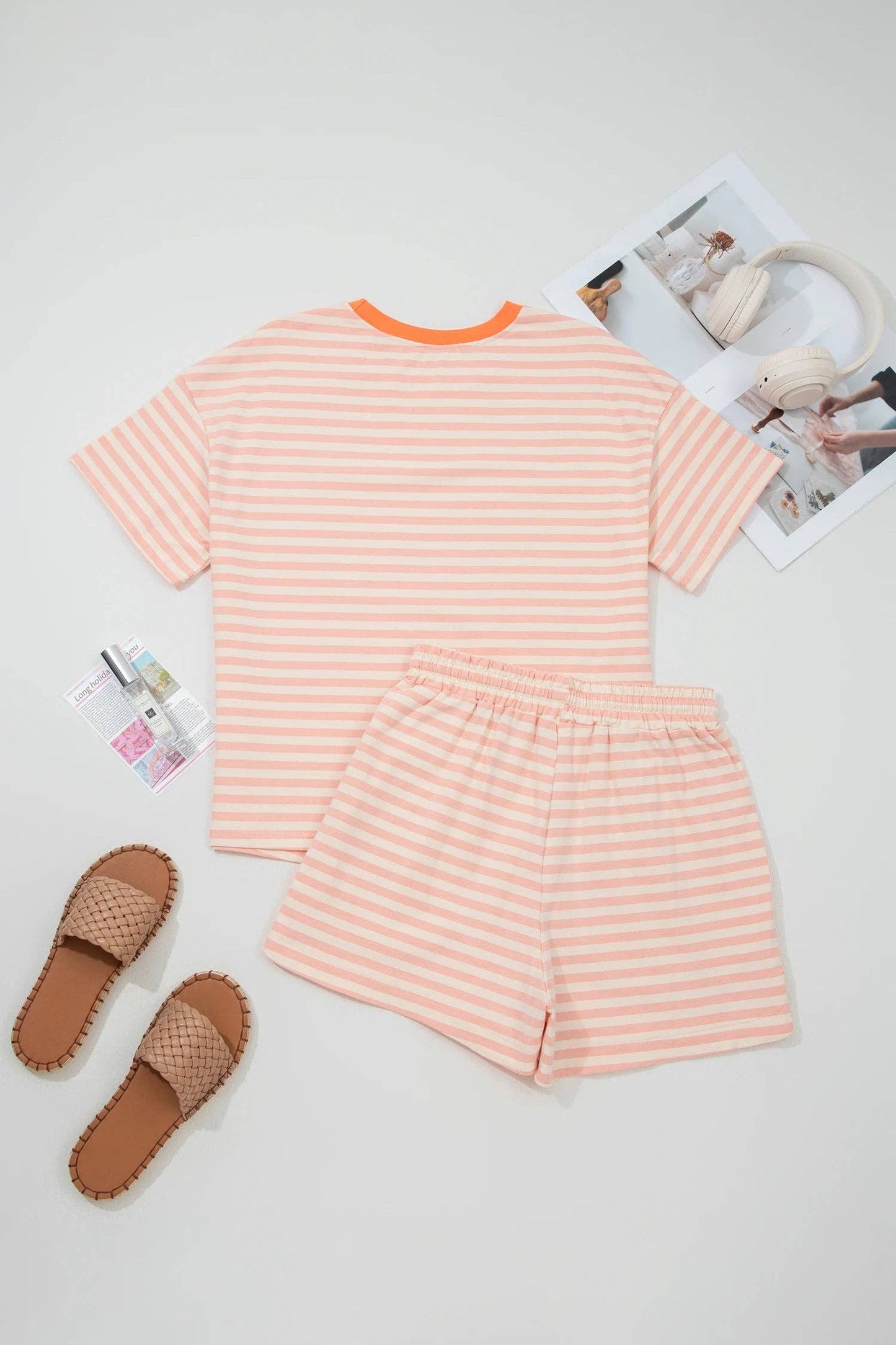 PRETTY BASH Stripe Contrast Trim Tee & Drawstring Shorts Set