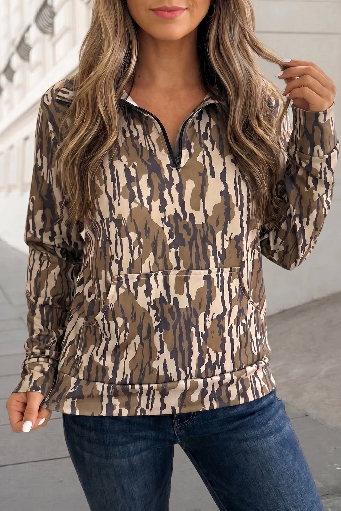 Camouflage Quarter Zip Long Sleeve Top | S-XL