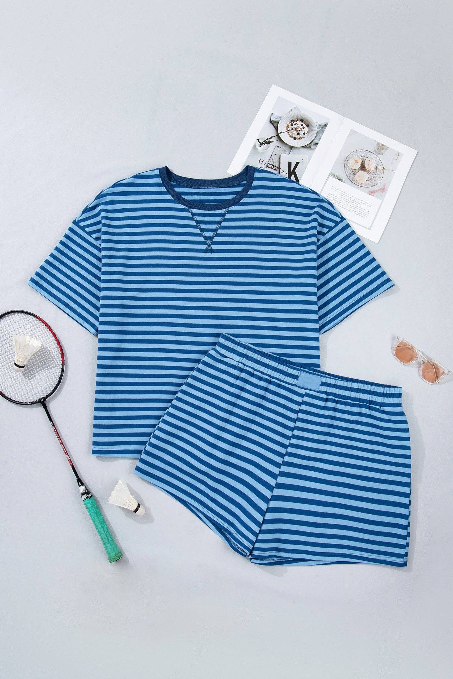 PRETTY BASH Plus Size Stripe Dropped Shoulder Tee & Shorts Set