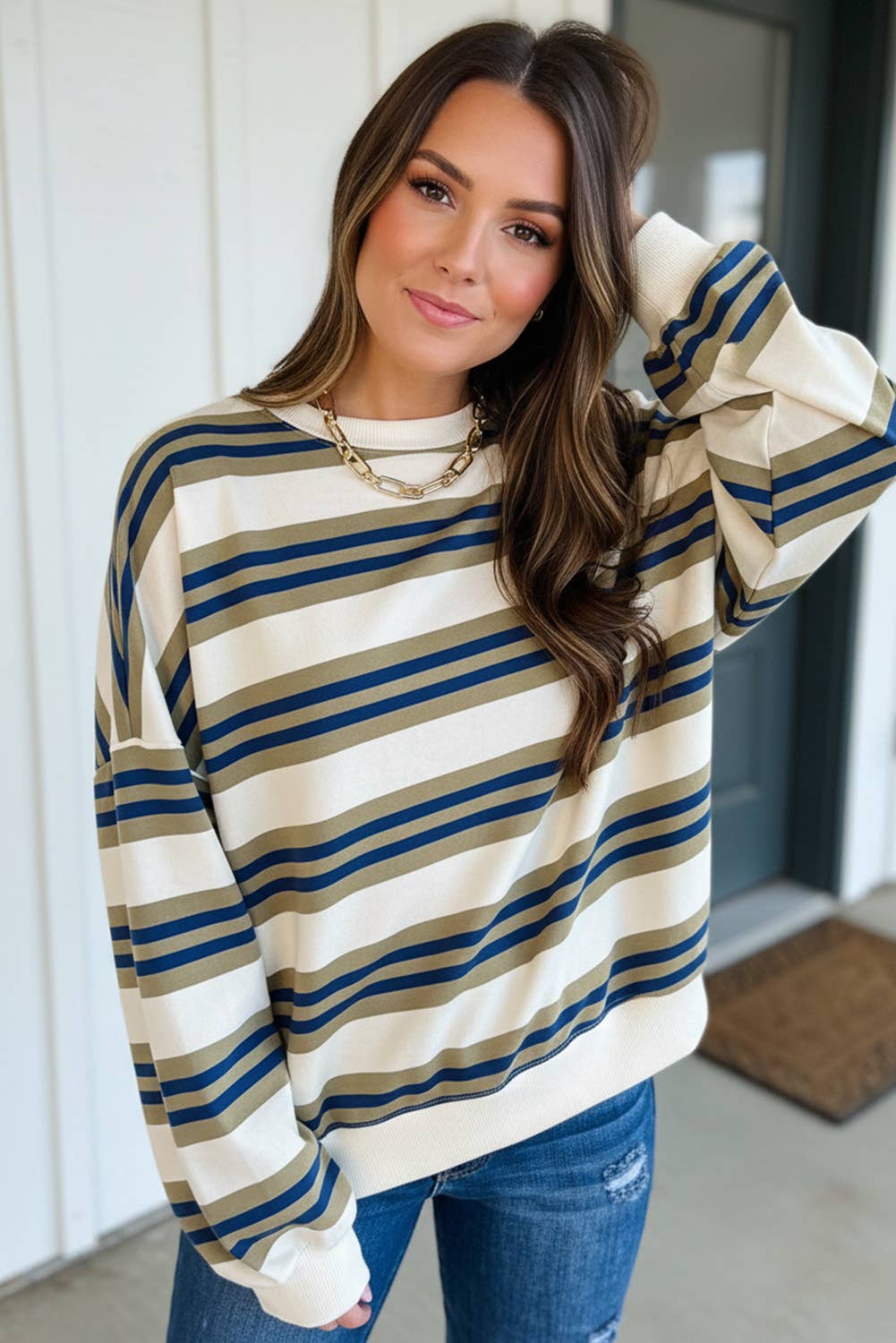 Stripe Crew Neck Drop Shoulder Pullover Top
