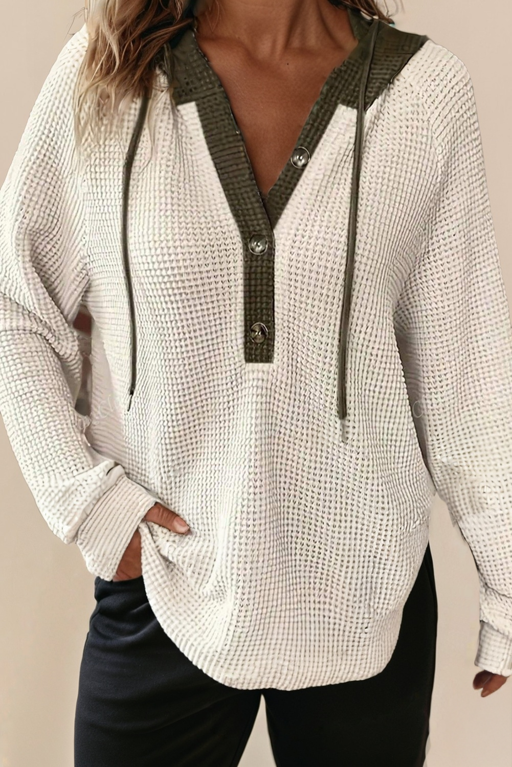 Waffle Contrast Half Buttoned Hooded Pullover Top