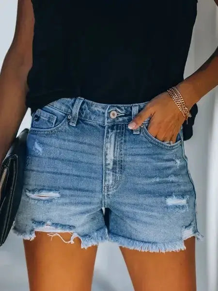 High Waist Distressed Denim Shorts with Frayed Hem