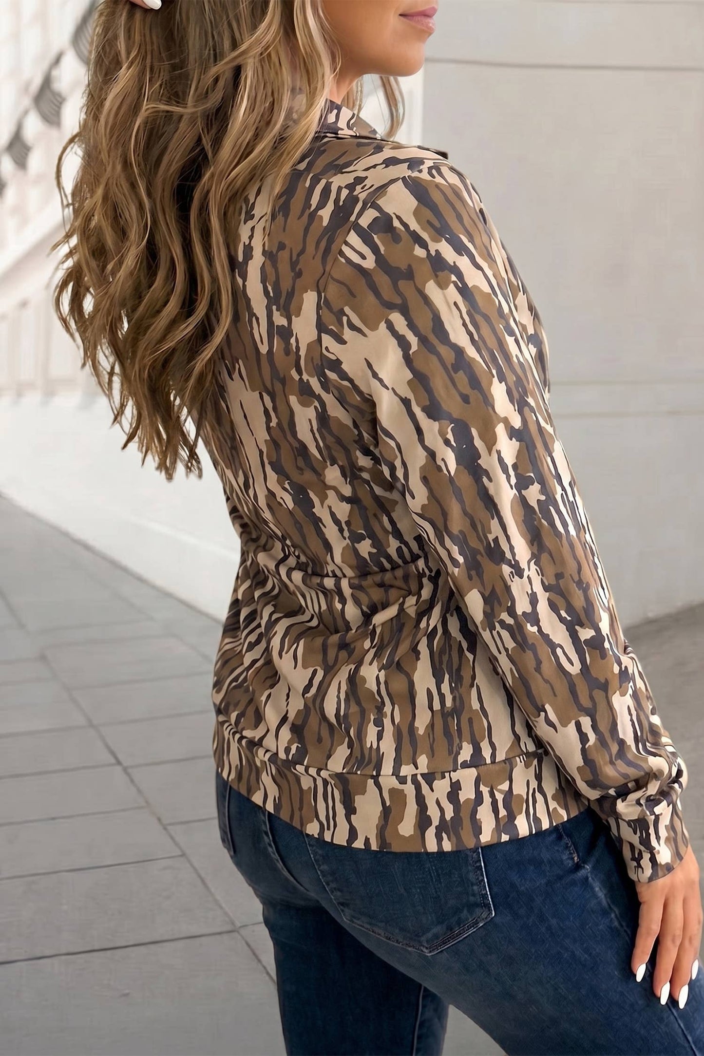 Camouflage Quarter Zip Long Sleeve Top | S-XL