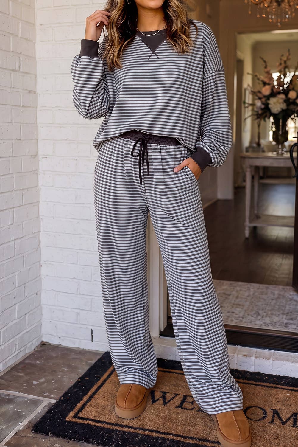 LAS Striped Colorblock Trim Crew Neck Pants Set (S-XL)