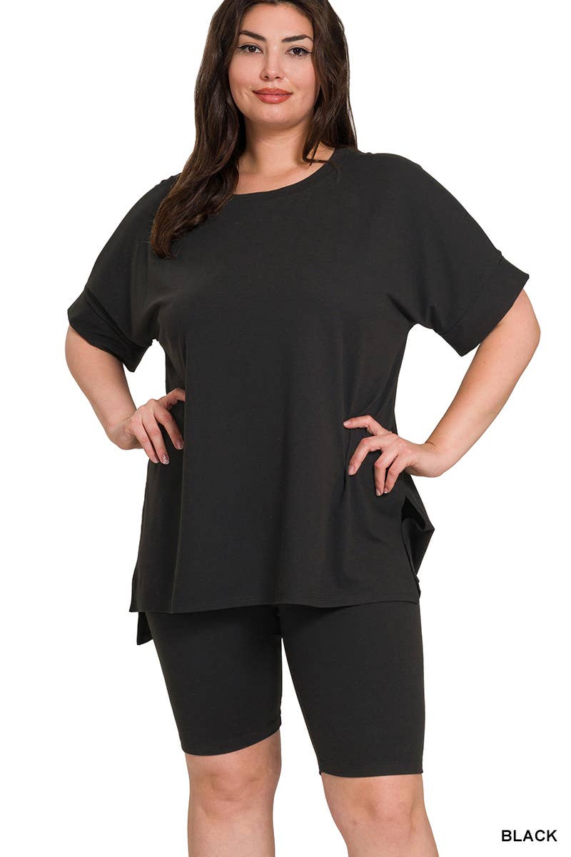 Plus Microfiber Top & Biker Shorts 2Pc Set - Zenana