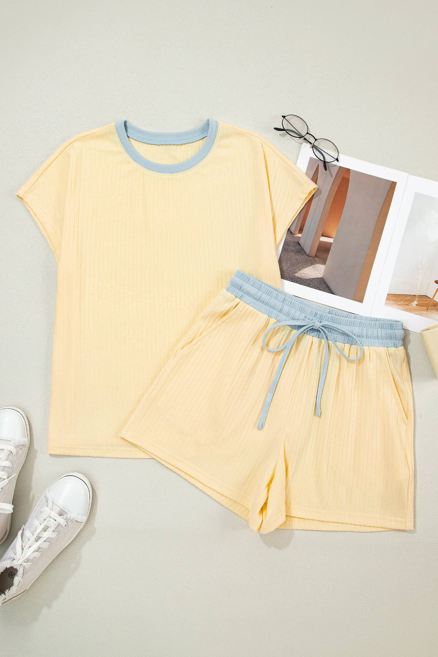 LAS Ribbed Color Block Trim Casual Shorts Set (S-4X)