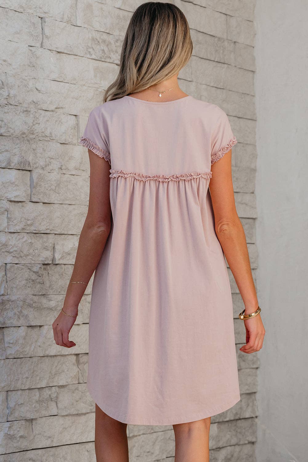 LALALOO Solid Frilled Trim Short Sleeve Mini Dress